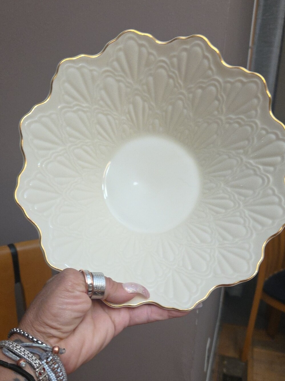 Lenox Ivory Scalloped Serving Bowl with Gold Rim